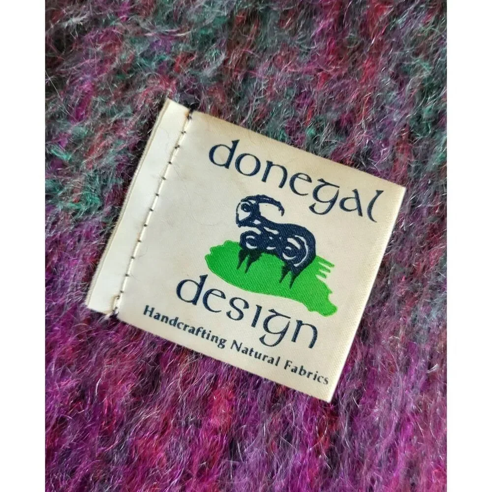 Donegal Design Scarf Purple Wool Mohair Fringe Colorblock Colorful Warm Cozy